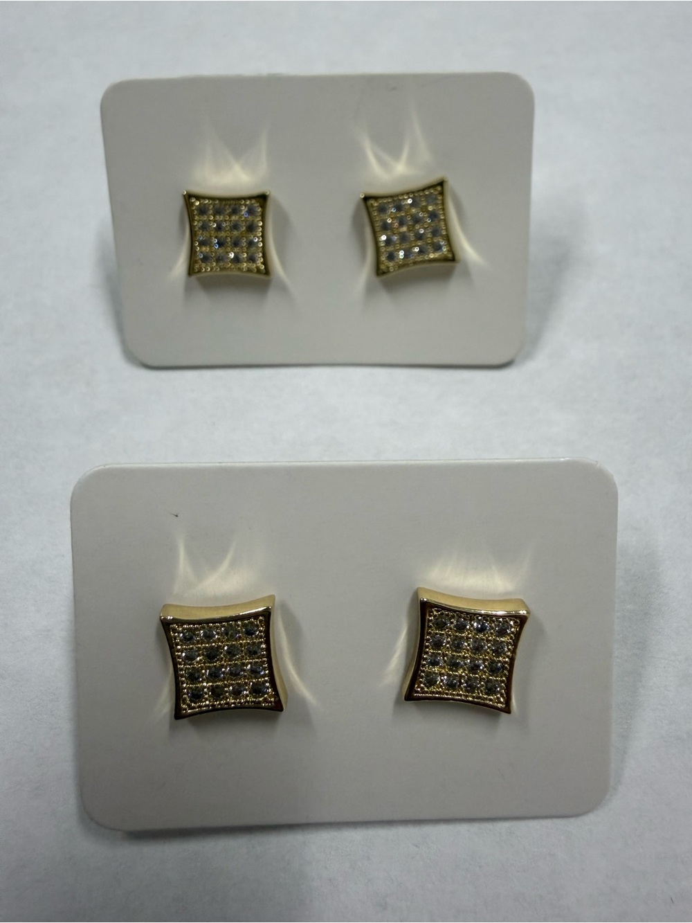 Set of 2 Pairs of 14k Gold Electroplated Pave Cz Stones Square Stud Earrings